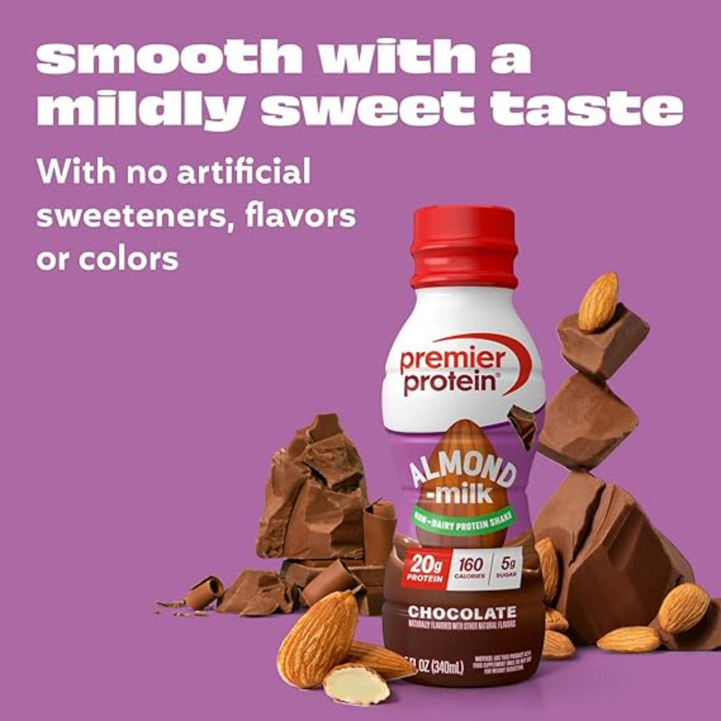 Premier Protein Almondmilk Non-Dairy Protein Shake, 20g Protein, 5g Sugar, 11.5 Fl oz, Chocolate, 12 Count