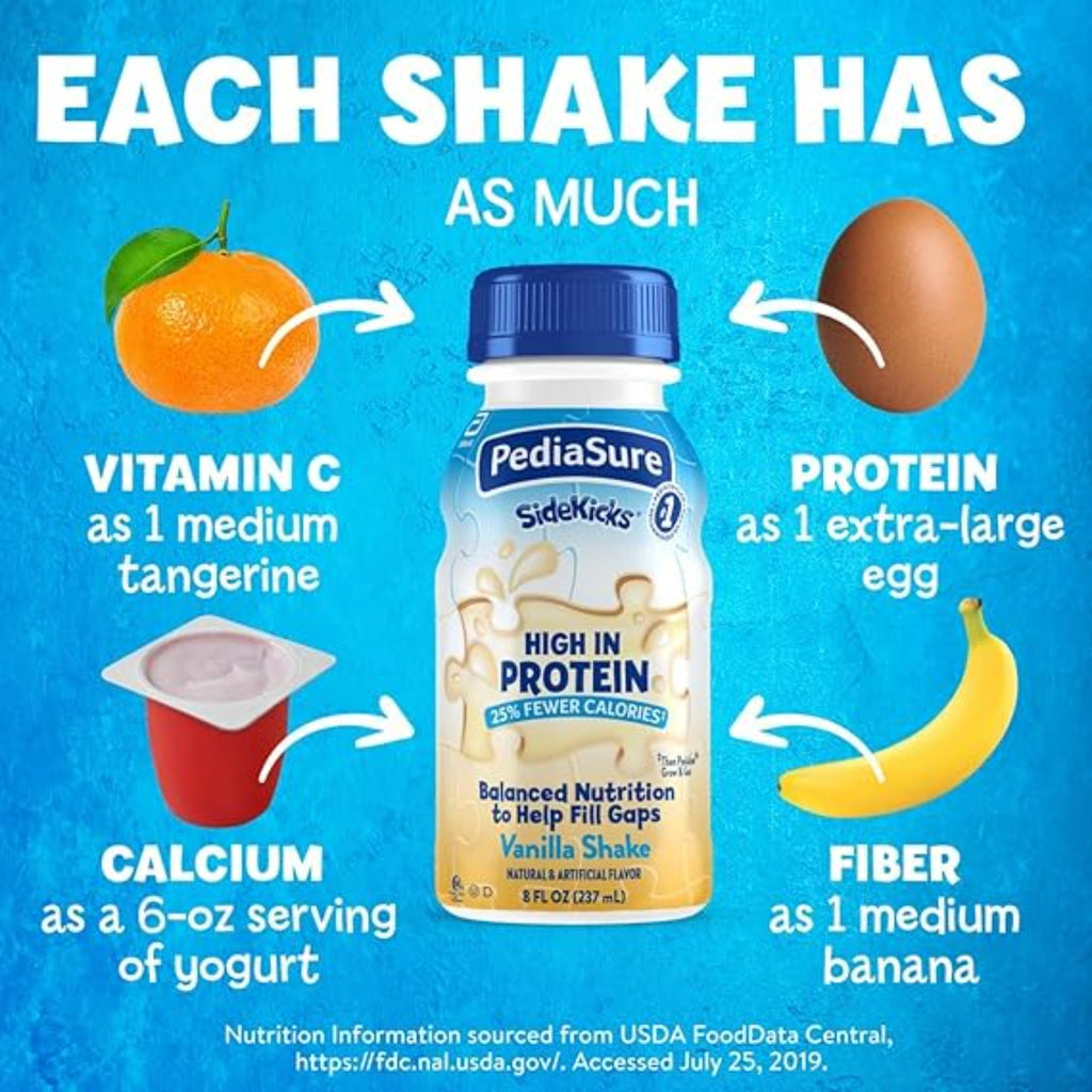 PediaSure SideKicks, Kids Protein Shake, With Key Nutrients and Protein to Help Kids Catch Up on Growth and Fill Nutrient Gaps, Vanilla, 8-fl-oz Bottle, Pack of 24