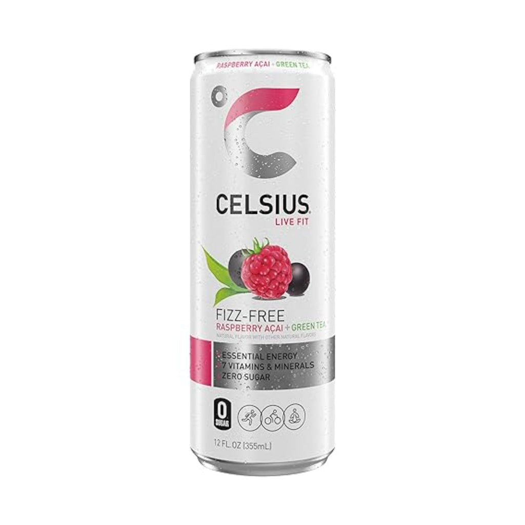 CELSIUS Raspberry Acai Green Tea, Functional Essential Energy Drink 12 Fl Oz (Pack of 12) Packaging may vary