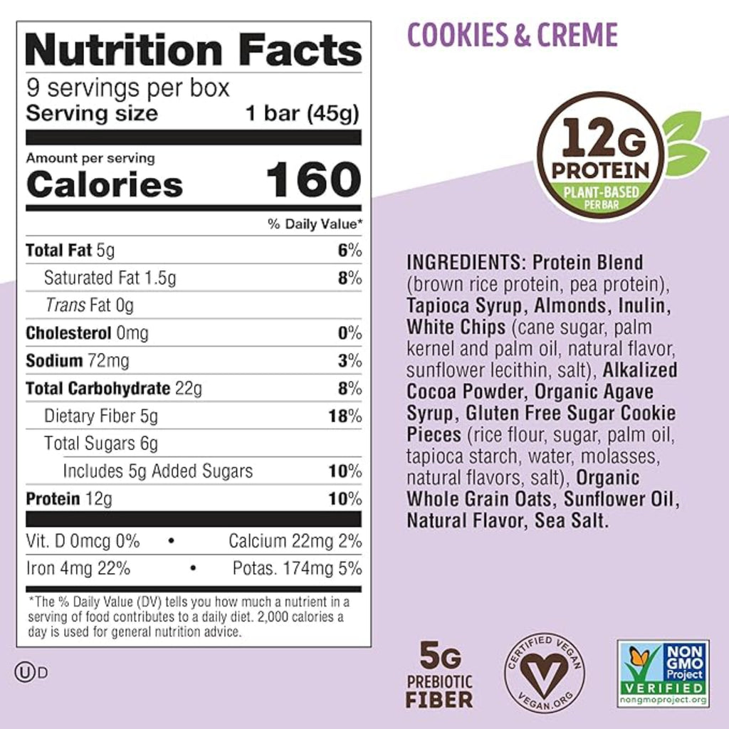 Lenny & Larry's Cookie-fied Protein Bar – Cookies & Creme Vegan Protein Bars 9x45g – Healthy Snacks with 12g Plant Protein & 5g Fiber – Gluten free Power Bar, Keto Friendly, Non-GMO & Vegan