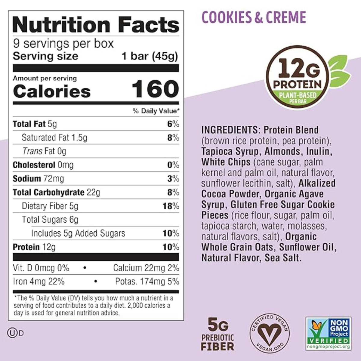 Lenny & Larry's Cookie-fied Protein Bar – Cookies & Creme Vegan Protein Bars 9x45g – Healthy Snacks with 12g Plant Protein & 5g Fiber – Gluten free Power Bar, Keto Friendly, Non-GMO & Vegan