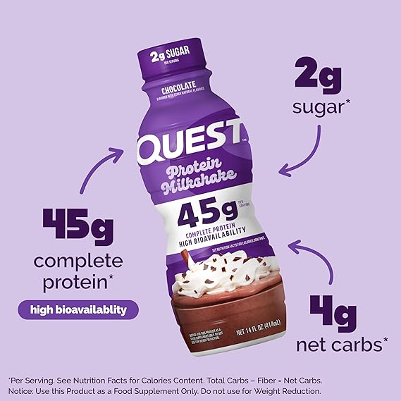 Quest Nutrition Chocolate Protein Shake, 45g Protein, 2g Sugar, 4g Net Carbs, Ready to Drink, Gluten Free, 4 Count