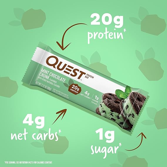 Quest Nutrition Mint Chocolate Chunk Protein Bars, 20g Protein, 1g Sugar, 4g Net Carb, Gluten Free, Keto Friendly, 12 Count